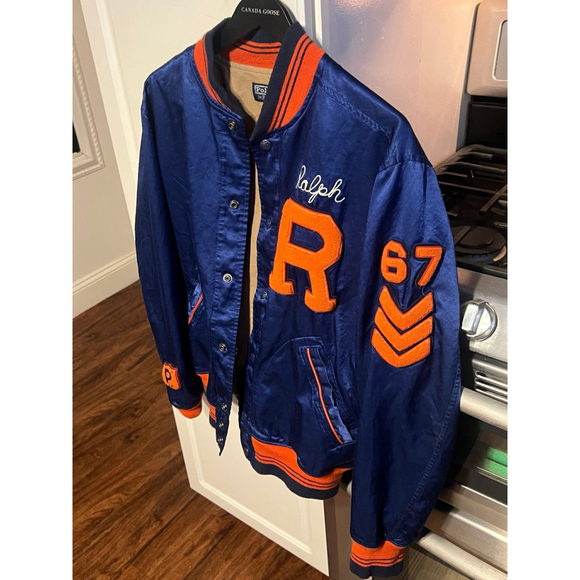 Polo Ralph Lauren Varsity Bomber Satin Jacket Mens Medium Blue Chenille - Picture 6 of 11